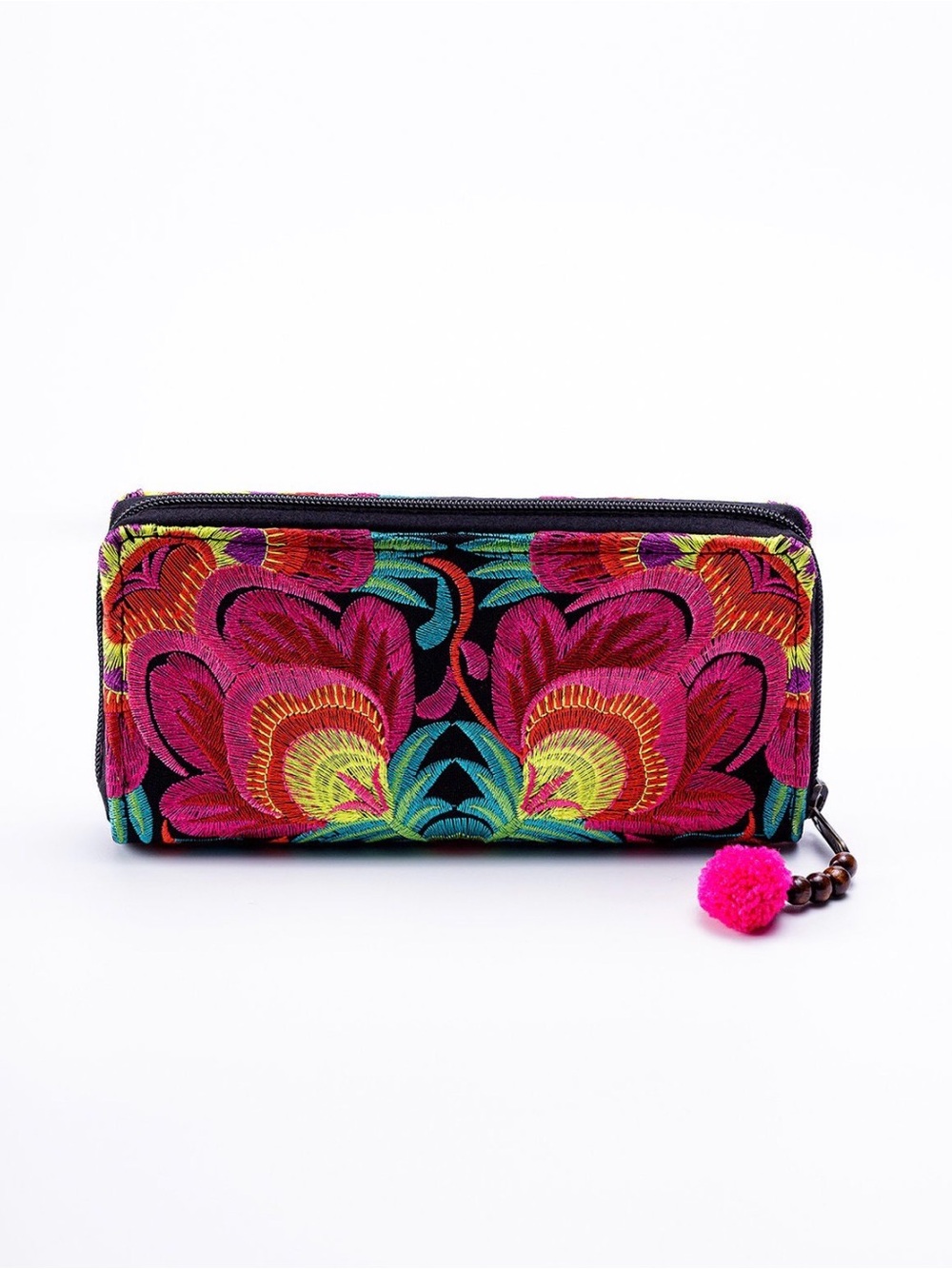 Hmong Floral Embroidered Zip Wallet | Pink Pom-Pom | Handmade Thailand